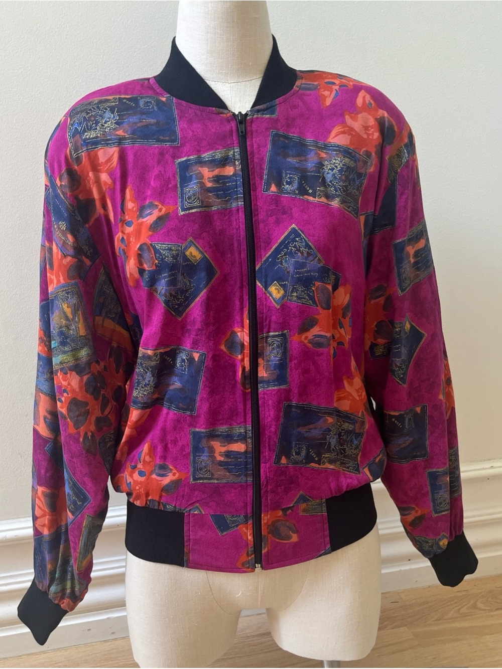 Vintage Patina International Womens Purple Floral Bomber Jacket